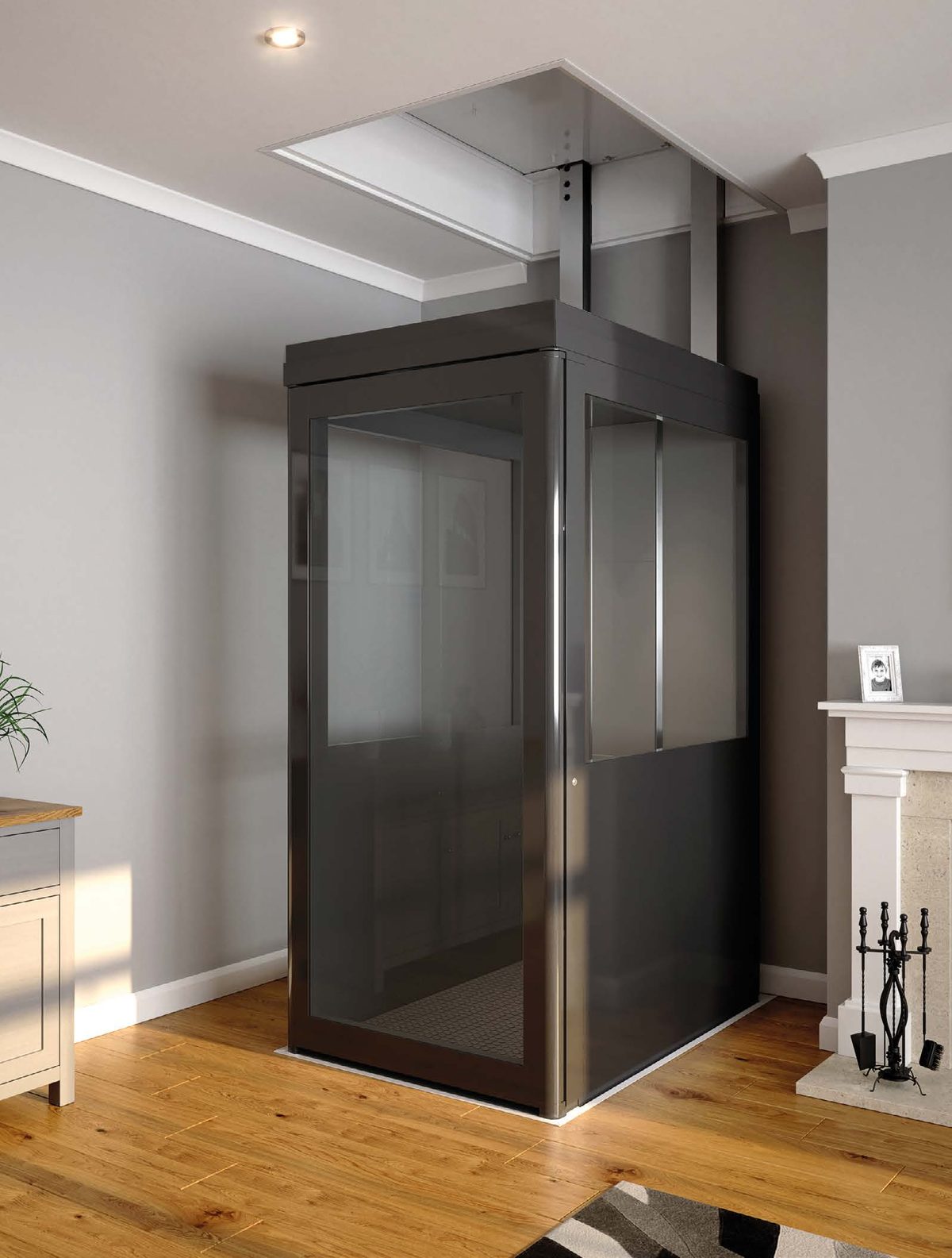 Companion Aurora fully enclosed traction-driven home lift in a living room