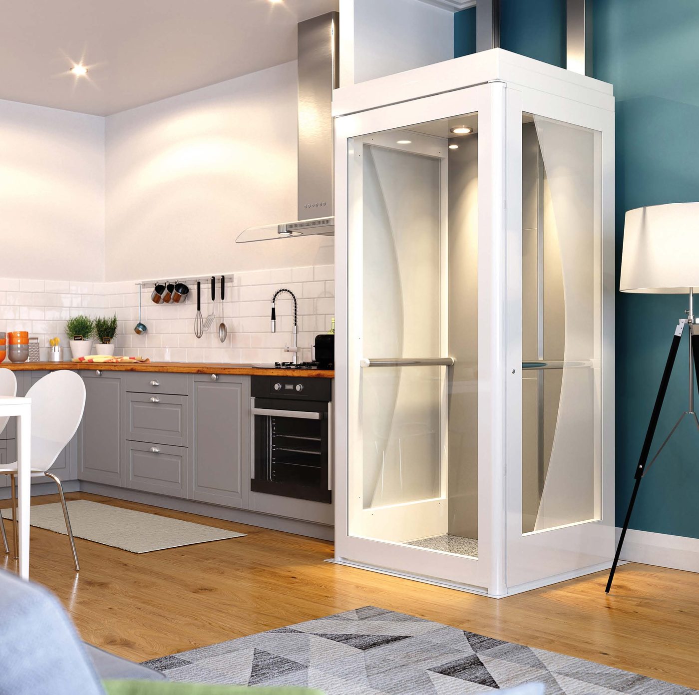Companion Cygnus electric through-floor home lift installed in a modern kitchen