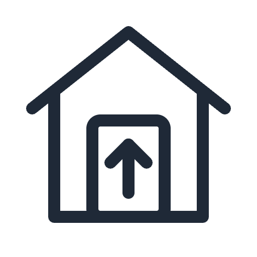 Outline icon of a house containing a lift car with an up arrow