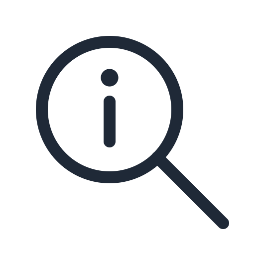 Outline icon of a magnifying glass over an information symbol