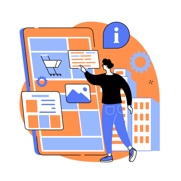Man browsing online shop with floating windows and icons.