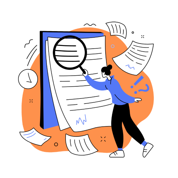 Person holding magnifying glass over long document with analytics.
